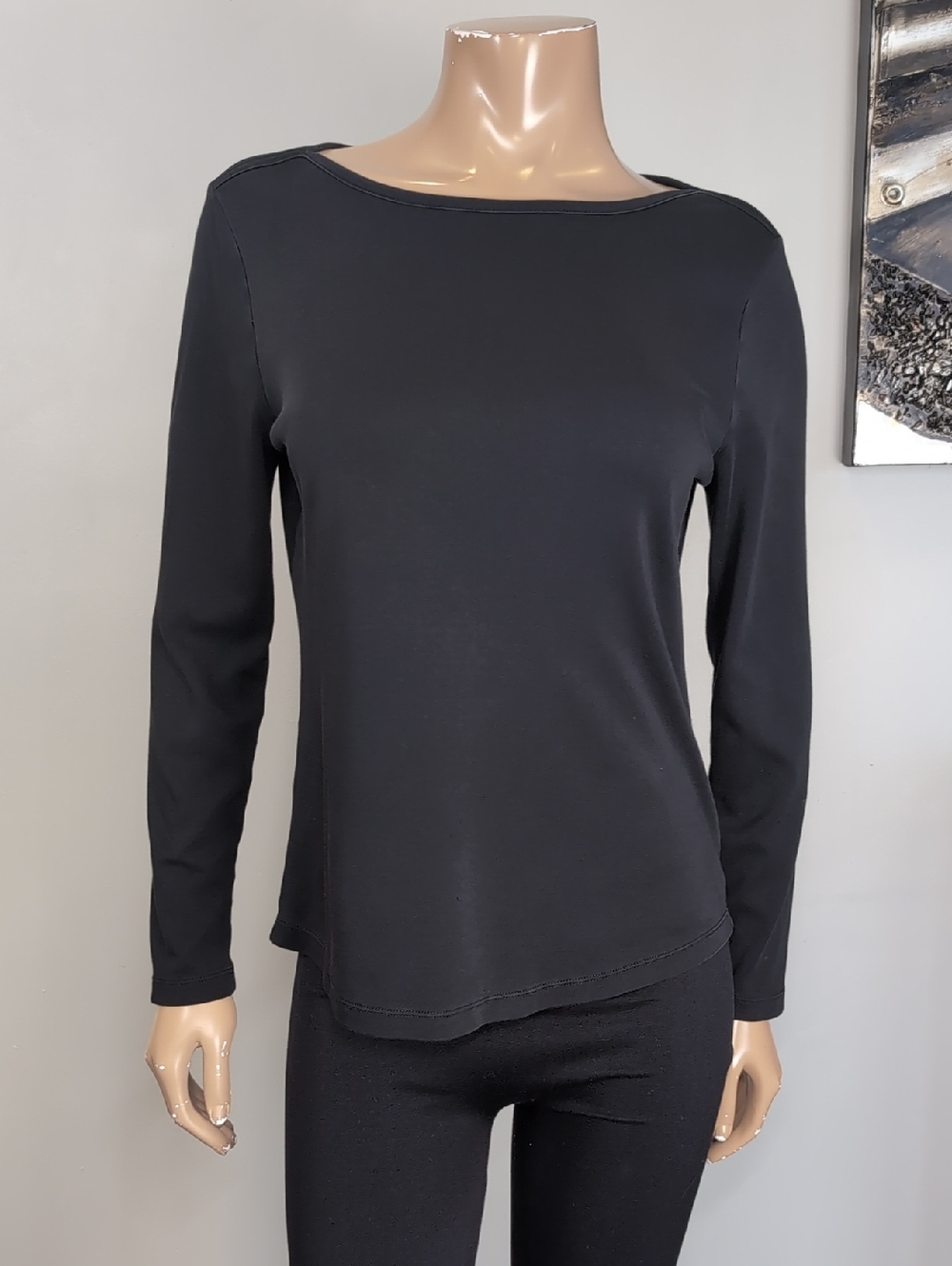 LL Bean Womens Supima Cotton Tee Long Sleeve Boat Neck Tshirt Black Size Medium - Picture 2 of 10